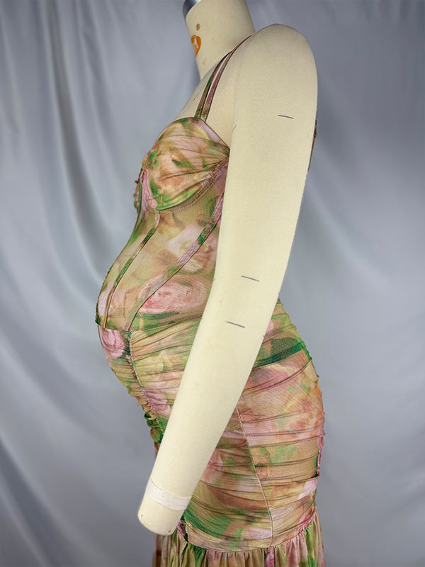 fotobeyou Floral Mesh Ruched Ruffle Boned Bodice Side Slit Cami Elegant Maternity Maxi Dress