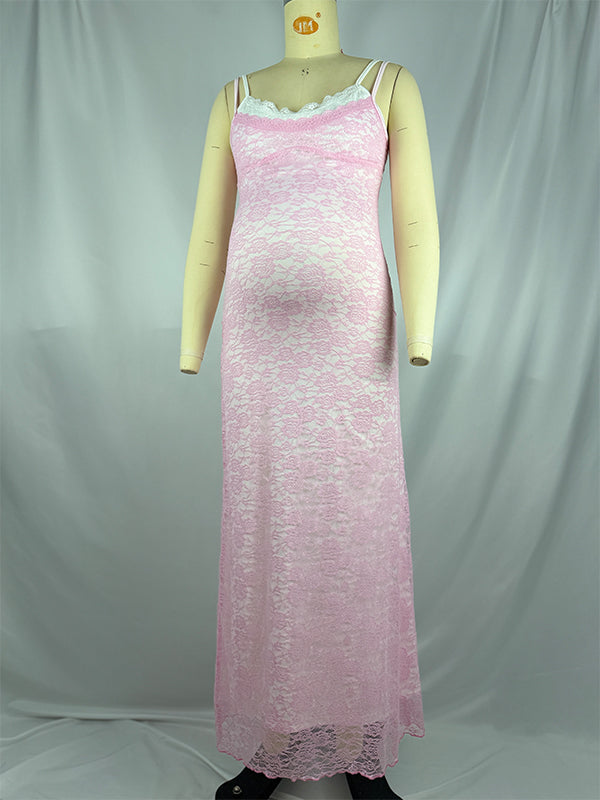 fotobeyou Pink Hit Color Lace Cami Elegant Maternity Maxi Dress