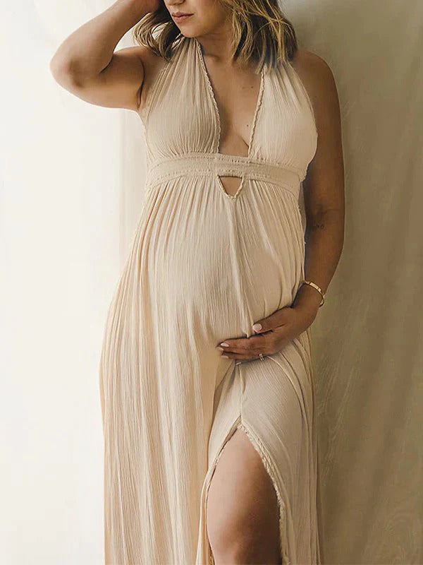 fotobeyou Solid Color Cut Out V-Neck Side Slit Backless Tassel Halter Neck Vacation Photoshoot Maternity Maxi Dress