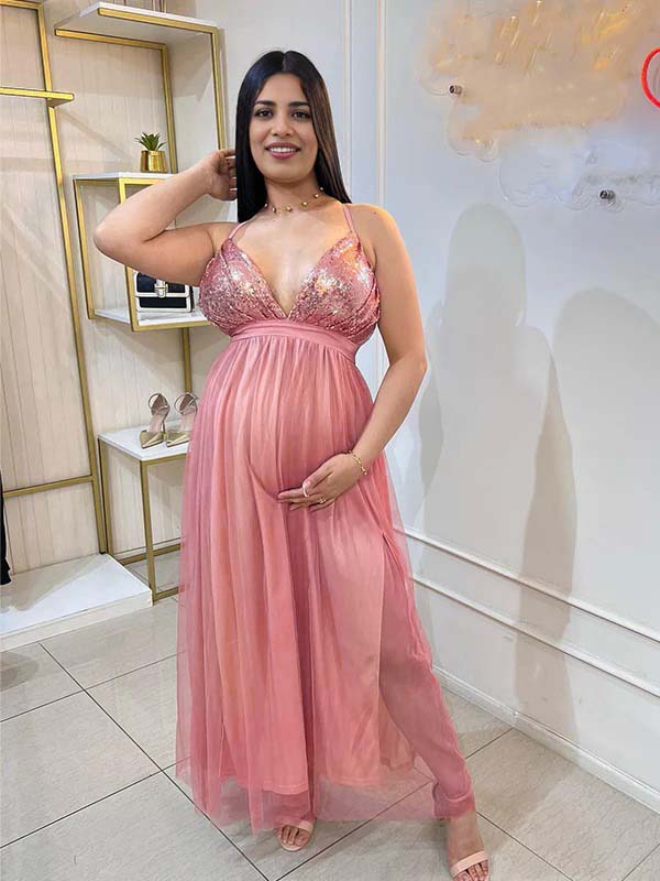 fotobeyou Glitter Sequin Tulle Side Slits Big Swing Cami Backless Elegant Maternity Baby Shower Maxi Dress