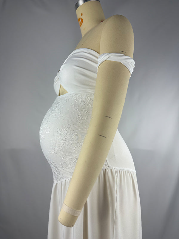 fotobeyou White Off Shoulder Cut Out Big Swing Maternity Maxi Dress