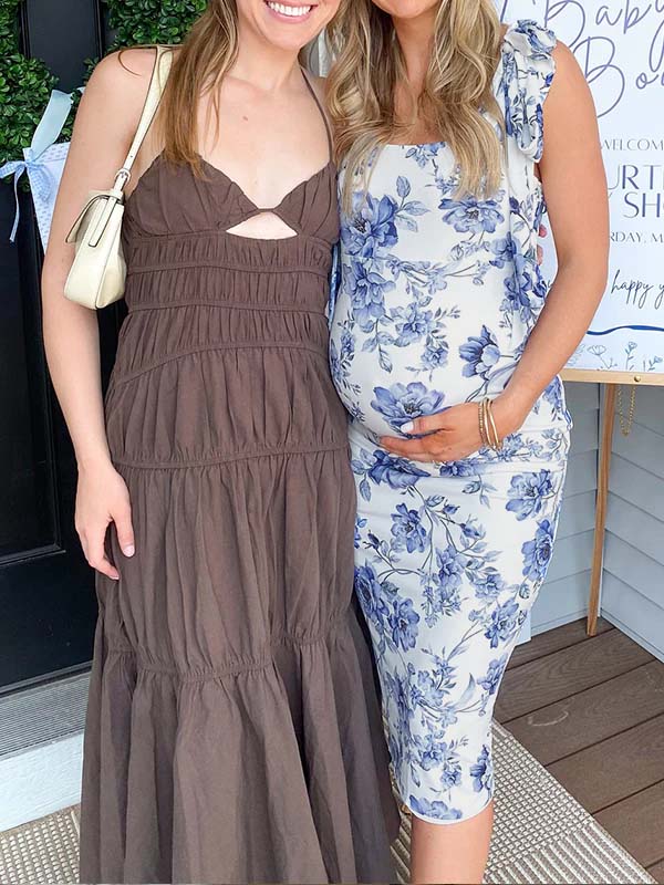 Blue Floral Ruched Tie Shoulder Maternity Baby Shower Midi Dress