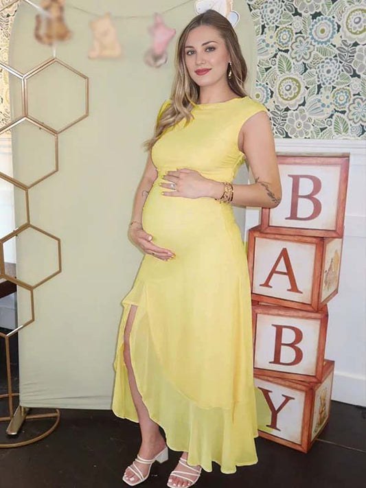 fotobeyou Yellow Mesh Ruffle One Shoulder Side Slit Maternity Maxi Dress