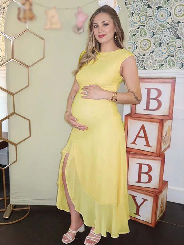 fotobeyou Yellow Mesh Ruffle One Shoulder Side Slit Maternity Maxi Dress