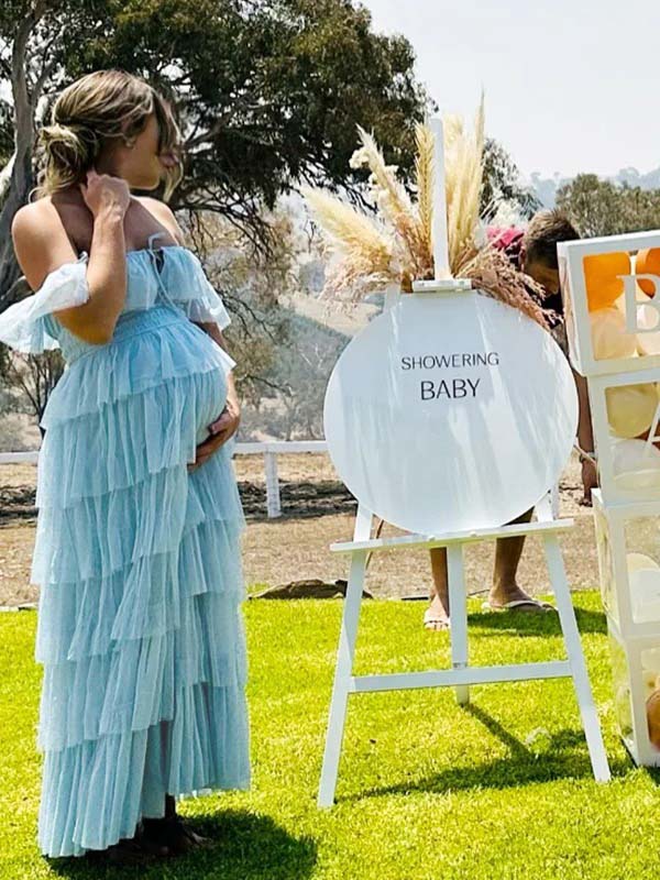 fotobeyou Blue Tulle Off Shoulder Layered Ruffle Falbala Dreamy Maternity Baby Shower Maxi Dress
