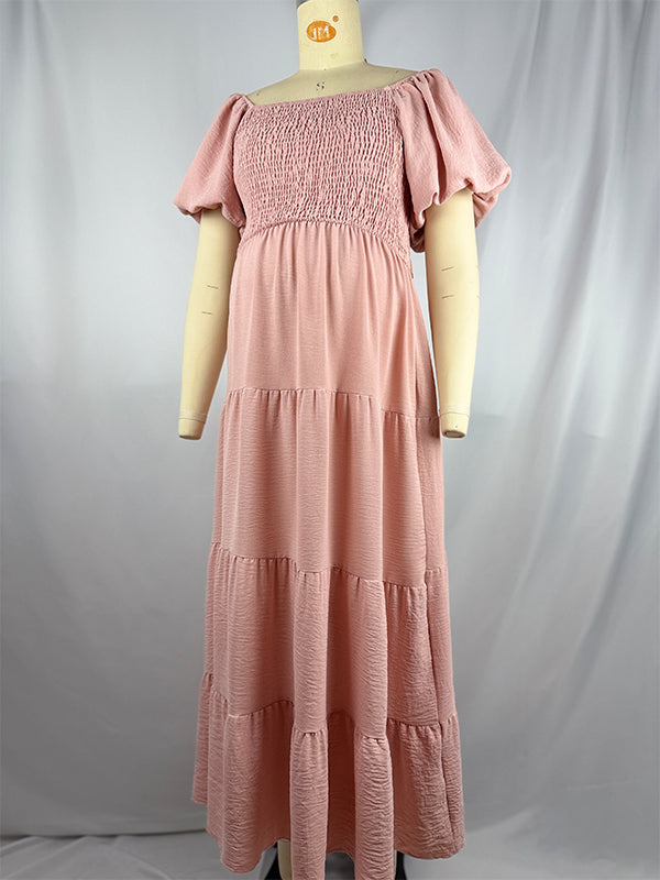 fotobeyou Pink Smocked Square Neck A-line Puff Sleeve Sweet Maternity Baby Shower Maxi Dress