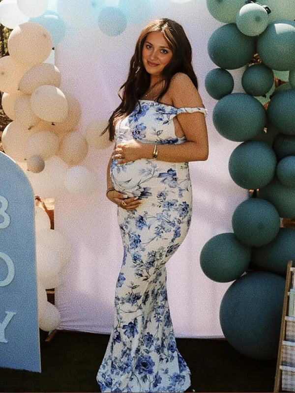 Blue Floral Off Shoulder Mermaid Maternity Baby Shower Maxi Dress