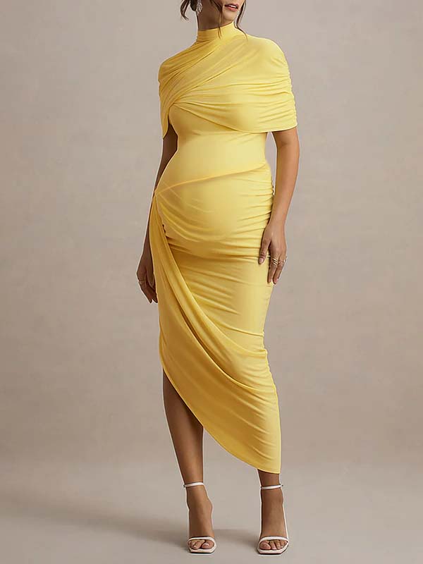 Irregular Ruched Side Slit Cape Sleeve ELegant Maternity Maxi Dress