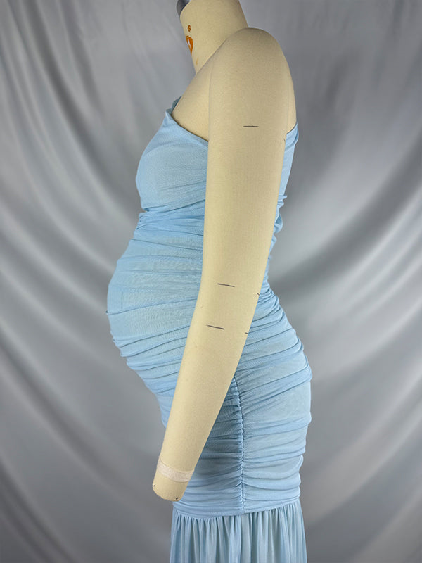 One Shoulder Mesh Ruched Mermaid Evening Gown Maternity Maxi Dress