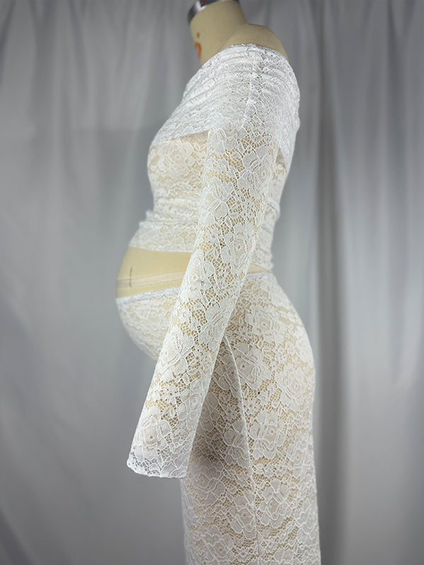 fotobeyou White Lace Off Shoulder Two Piece Set Elegant Maternity Baby Shower Maxi Dress