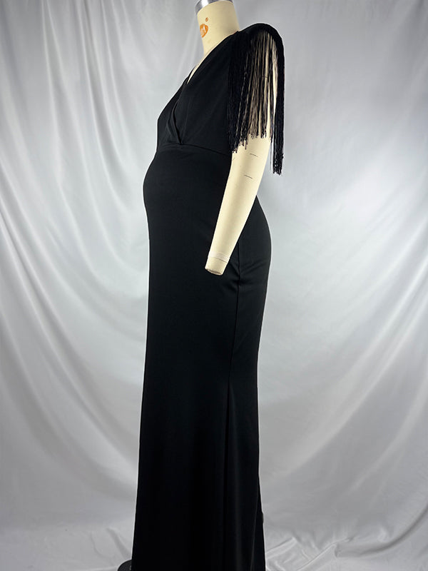 fotobeyou Black Tassel Fringe Cross Chest Mermaid Plus Size Elegant Maternity Maxi Dress