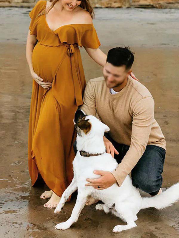 fotobeyou Ginger Yellow Flowy Ruffle Falbala Wrap Side Slit Big Swing Elegant Baby Moon Beach Vacation Gown Boho Maternity Photoshoot Baby Shower Maxi Dress