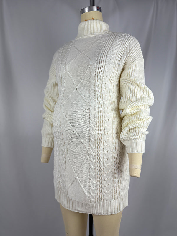 fotobeyou Beige Knitted High Neck Casual Daily Oversized Maternity Photoshoot Baby Shower Mini Dress