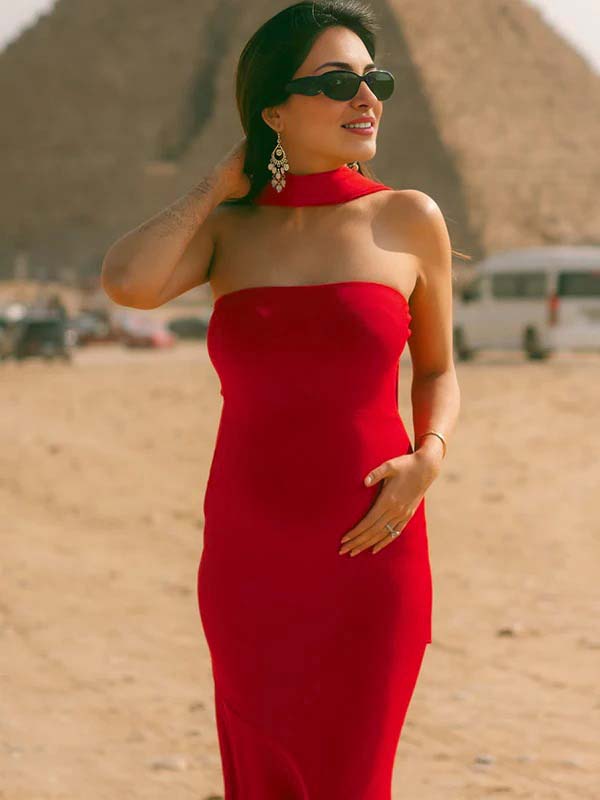 fotobeyou Red Strapless Scarf Mermaid Elegant Maternity Photoshoot Maxi Dress
