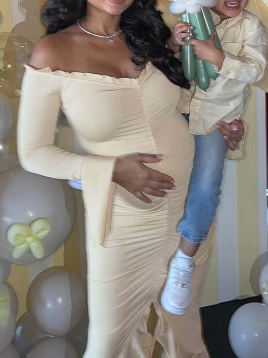 fotobeyou Beige Off Shoulder Ruffle Falbala Ruched Slit Mermaid Elegant Maternity Baby Shower Maxi Dress