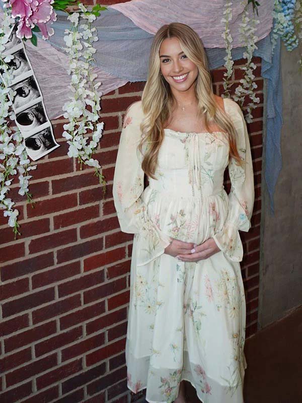 fotobeyou Beige Floral Corset Ruffle Falbala Big Swing Elegant Maternity Baby Shower Maxi Dress