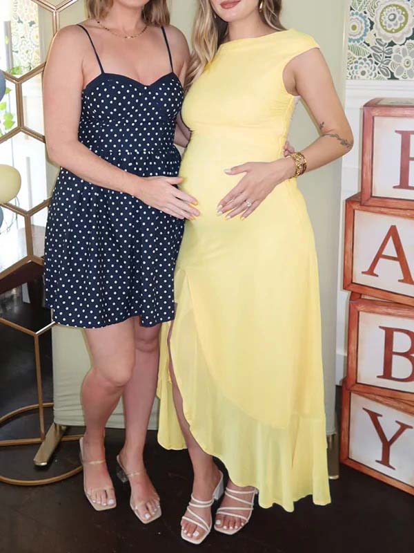 fotobeyou Yellow Mesh Ruffle One Shoulder Side Slit Maternity Maxi Dress