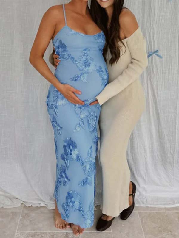 fotobeyou Blue Floral Tie Shoulder Strap Cami Bodycon Maternity Maxi Dress