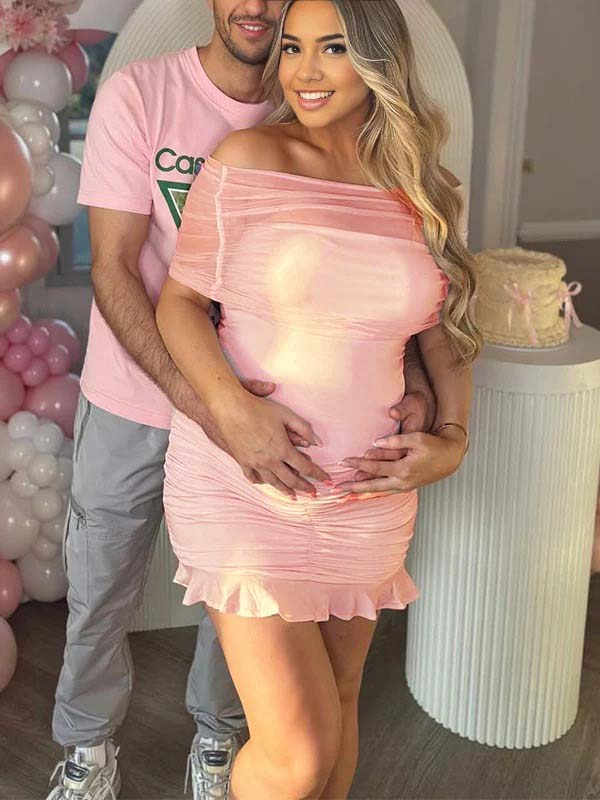 fotobeyou Pink Ruffle off-shoulder Bandeau Bodycon Elegant Maternity Baby Shower Mini Dress