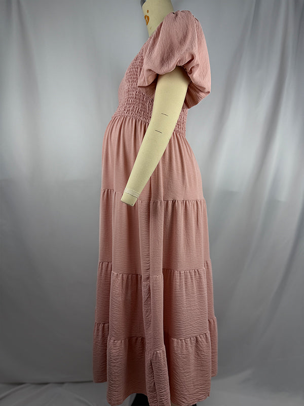 fotobeyou Pink Smocked Square Neck A-line Puff Sleeve Sweet Maternity Baby Shower Maxi Dress