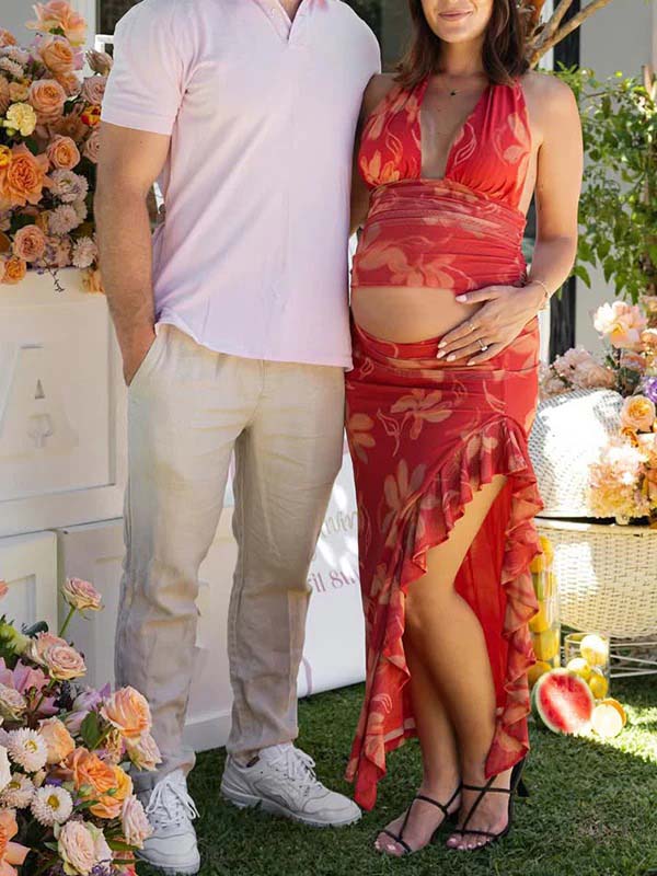 Floral Crop Ruffle Side Slit Backless 2-in-1 Chic Maternity Maxi Dress