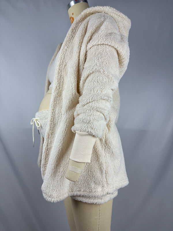 fotobeyou Ivory Three-piece Cozy Knit Set Plus Size Crop Top Cardigan Fluffy Loungewear Casual Daily Maternity Outfit