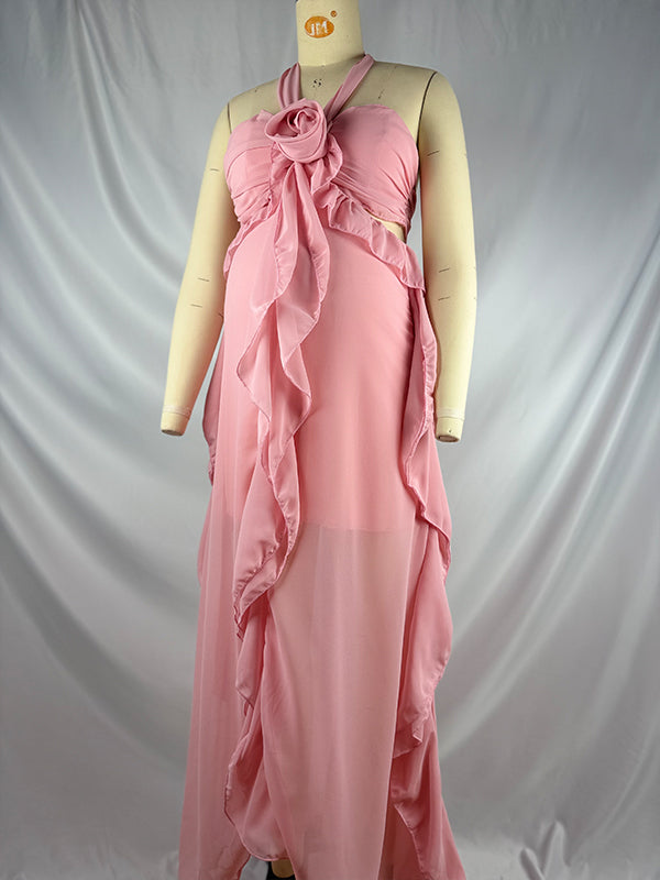 fotobeyou Pink Ruffle 3D Flower Cut Out Halter Neck Elegant Maternity Maxi Dress