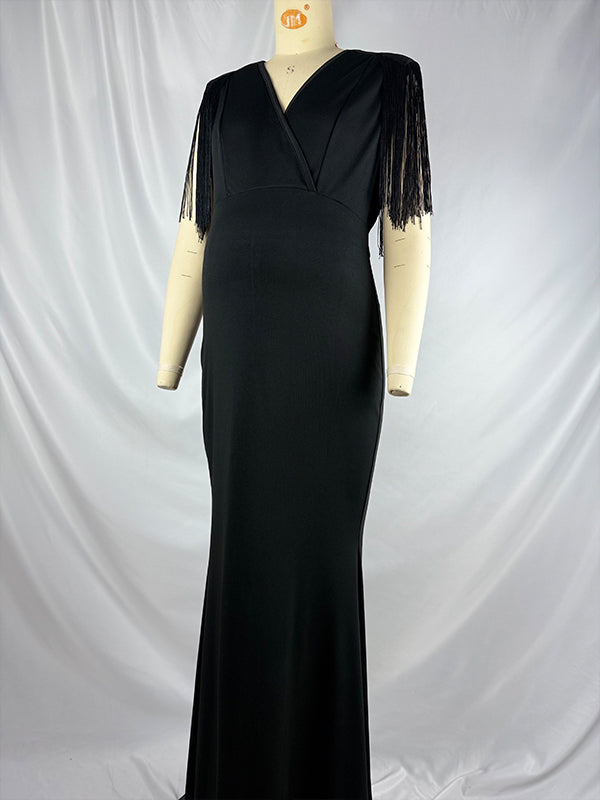 fotobeyou Black Tassel Fringe Cross Chest Mermaid Plus Size Elegant Maternity Maxi Dress