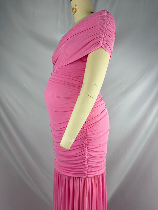 Mesh One Shoulder Ruched Side Slit Mermaid Maternity Maxi Dress