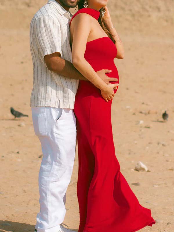 fotobeyou Red Strapless Scarf Mermaid Elegant Maternity Photoshoot Maxi Dress