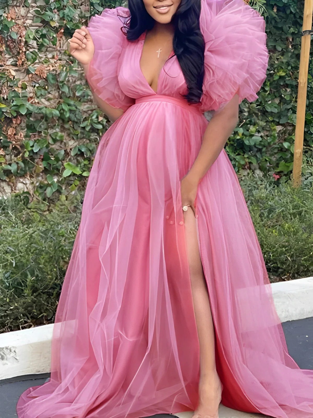 fotobeyou Pink Tulle Ruffle Swing V-neck Slit Photoshoot Plus Size Gown Maternity Maxi Dress