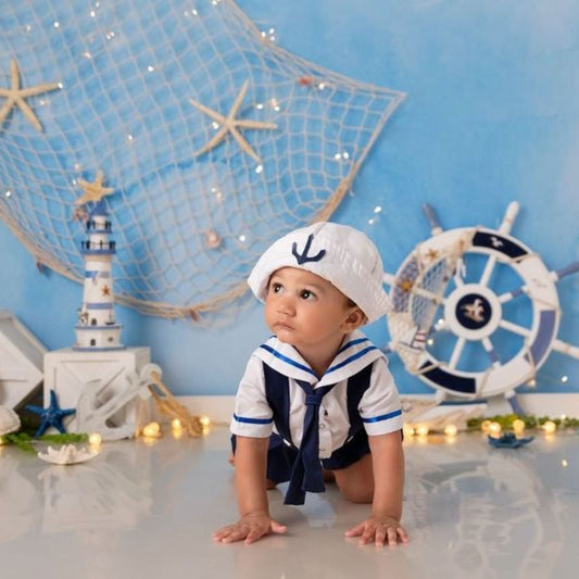 Newborn Studio Photography Prop | Mediterranean Lighthouse Sailor Theme Watch Tower D027 | Decorative Add-ons | Rustic White Blueblocks