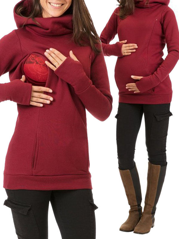 fotobeyou Hooded Solid Color Long Sleeve Baby Shower Maternity Daily Nursing Sweatshirt