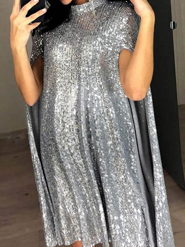 fotobeyou Sequin Cape High Neck Sleeveless Sparkly Cocktail Maternity Mini Dress