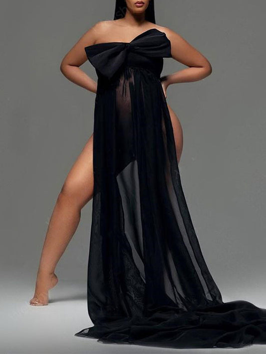 fotobeyou Bow Sheer Side Slit Off Shoulder Backless Photoshoot Maternity Maxi Dress