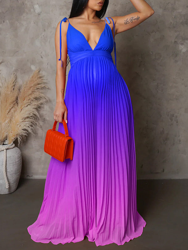 fotobeyou Belly Friendly Spaghetti Strap Pleated Gradient Color Gender Reveal Maternity Maxi Dress
