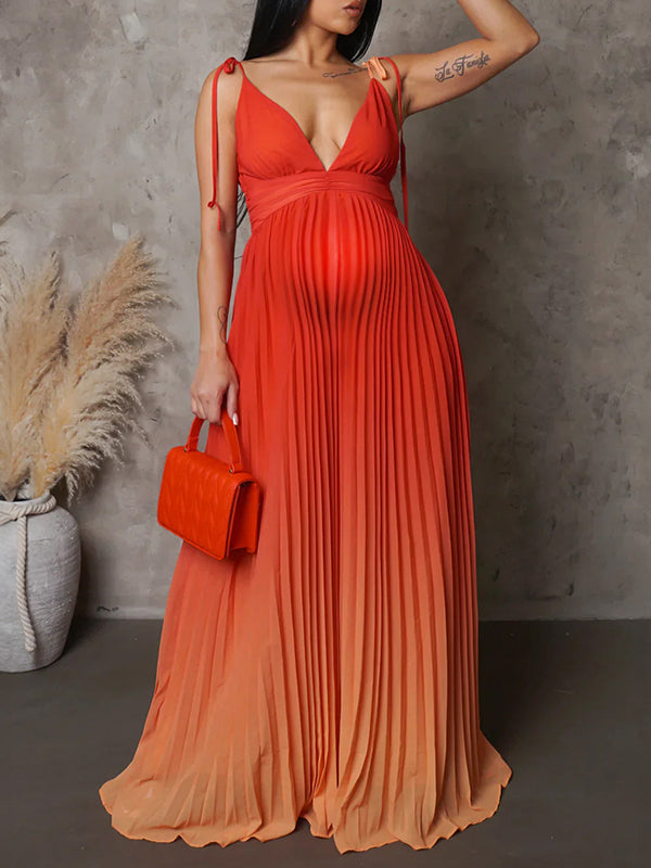 fotobeyou Belly Friendly Spaghetti Strap Pleated Gradient Color Gender Reveal Maternity Maxi Dress