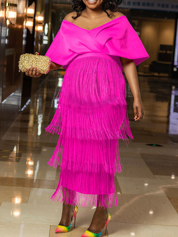 fotobeyou Plus Size Tassel Off Shoulder V-neck Elegant Evening Gown Maternity Photoshoot Baby Shower Party Maxi Dress