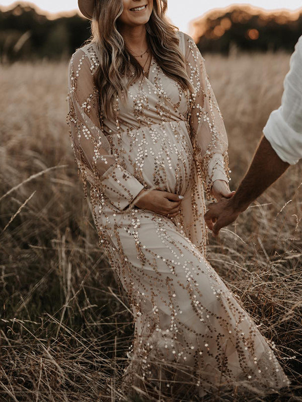 fotobeyou Apricot Sequin Tassel Tulle Ruched Cross Chest Multi Way Tie Back V-neck Elegant Boho Photoshoot Maternity Maxi Dress