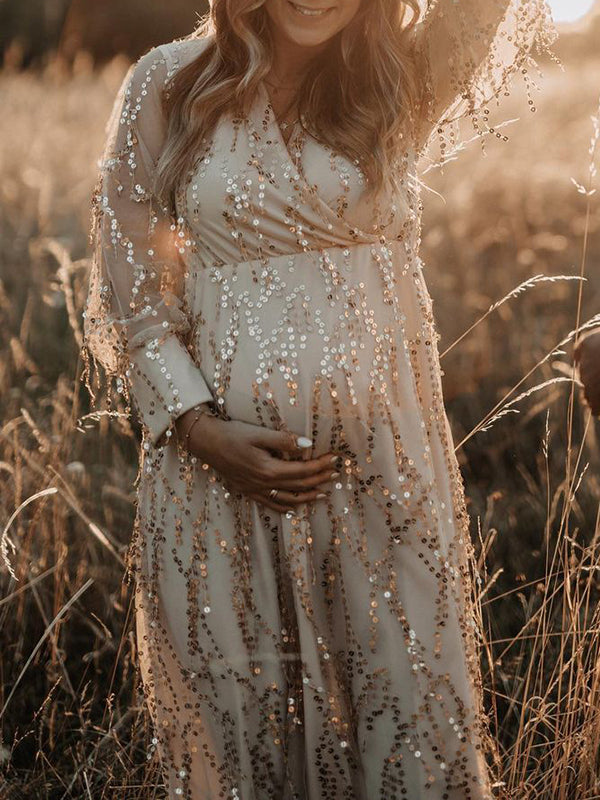 fotobeyou Apricot Sequin Tassel Tulle Ruched Cross Chest Multi Way Tie Back V-neck Elegant Boho Photoshoot Maternity Maxi Dress