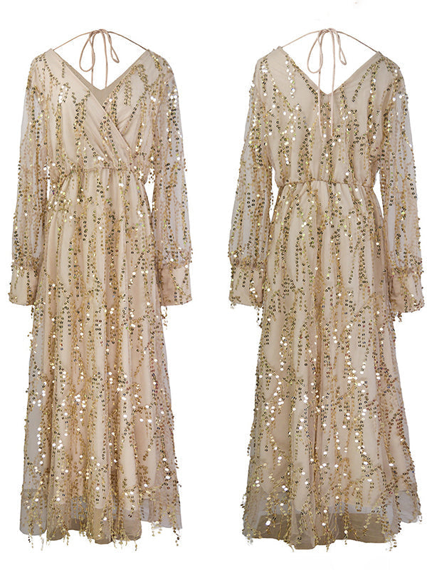 fotobeyou Apricot Sequin Tassel Tulle Ruched Cross Chest Multi Way Tie Back V-neck Elegant Boho Photoshoot Maternity Maxi Dress