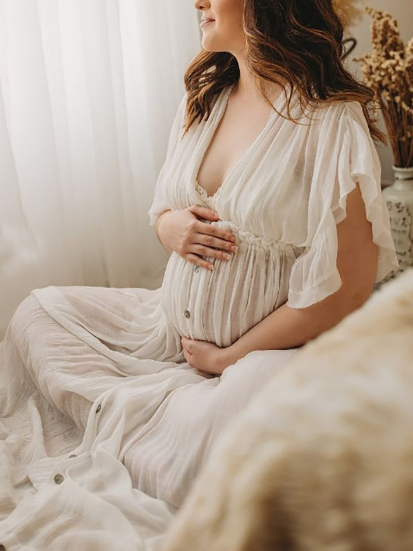 fotobeyou White Ruffle Single Breasted Drawstring Tie Back Bohemain Baby Shower Photoshoot Maternity Maxi Dress