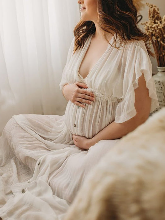 fotobeyou White Ruffle Single Breasted Drawstring Tie Back Bohemain Baby Shower Photoshoot Maternity Maxi Dress