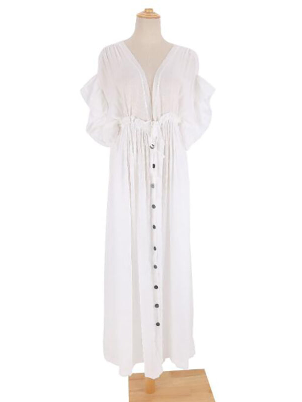fotobeyou White Ruffle Single Breasted Drawstring Tie Back Bohemain Baby Shower Photoshoot Maternity Maxi Dress
