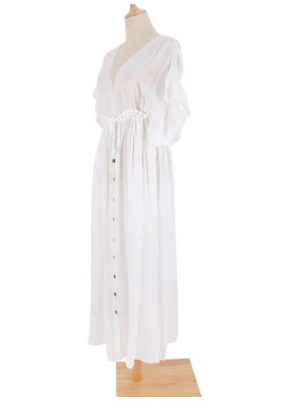fotobeyou White Ruffle Single Breasted Drawstring Tie Back Bohemain Baby Shower Photoshoot Maternity Maxi Dress
