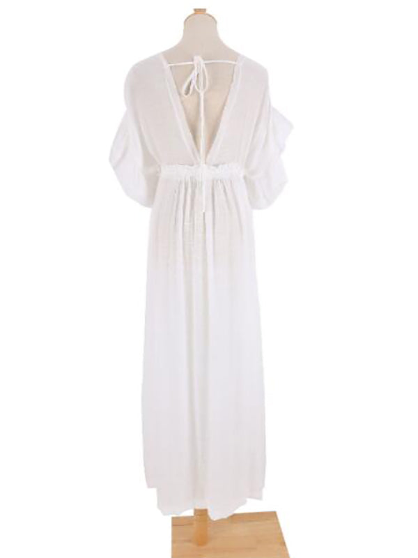 fotobeyou White Ruffle Single Breasted Drawstring Tie Back Bohemain Baby Shower Photoshoot Maternity Maxi Dress