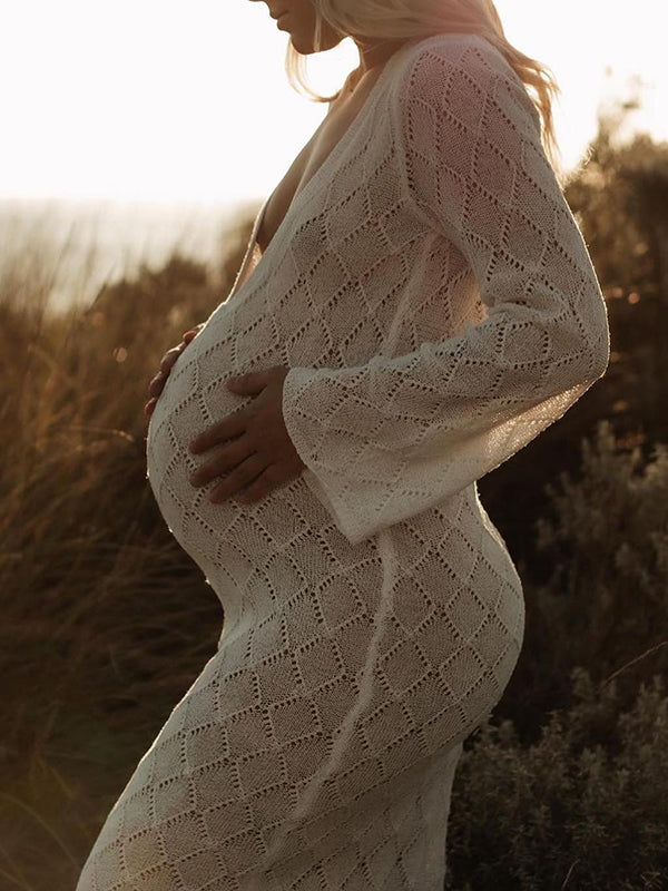 fotobeyou White Knitting Backless Tie Back Deep V-neck Photoshoot Maternity Maxi Dress