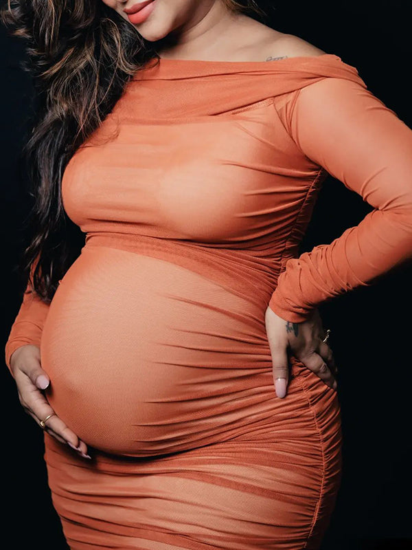 fotobeyou Caramel Off Shoulder Grenadine Ruched Elegant Baby Shower Maternity Midi Dress