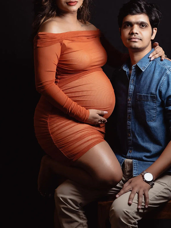 fotobeyou Caramel Off Shoulder Grenadine Ruched Elegant Baby Shower Maternity Midi Dress