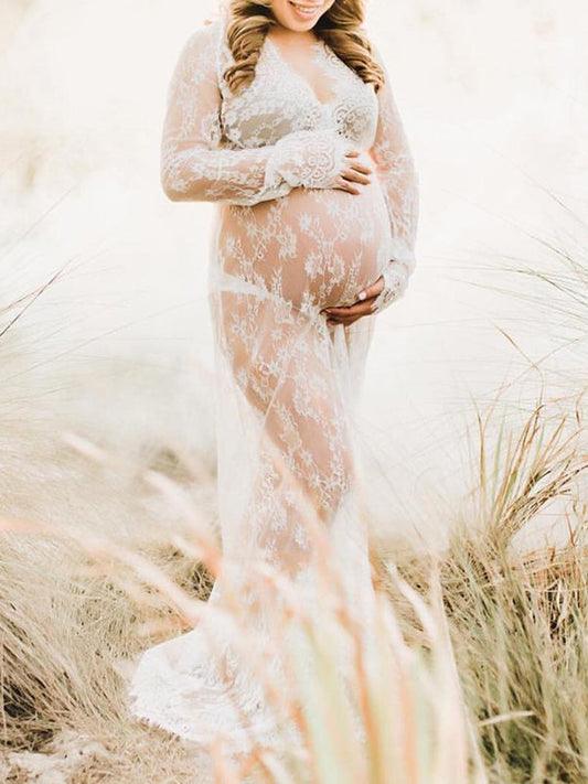 fotobeyou White Lace Robe V-neck Bathtub Photoshoot Plus Size Maternity Maxi Dress
